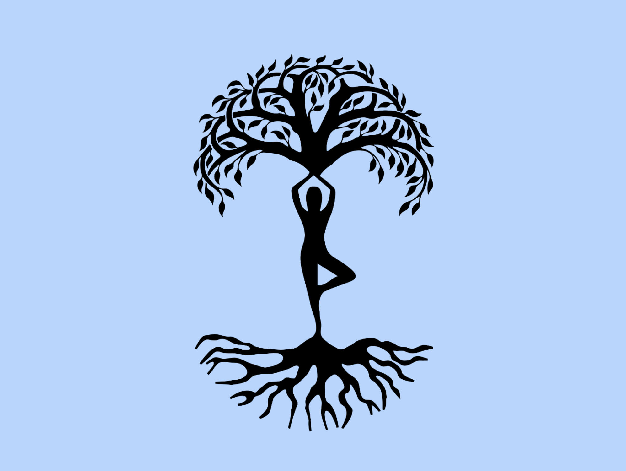 black drawing of a woman in tree pose reaching up to the tree canopy and down to the tree roots