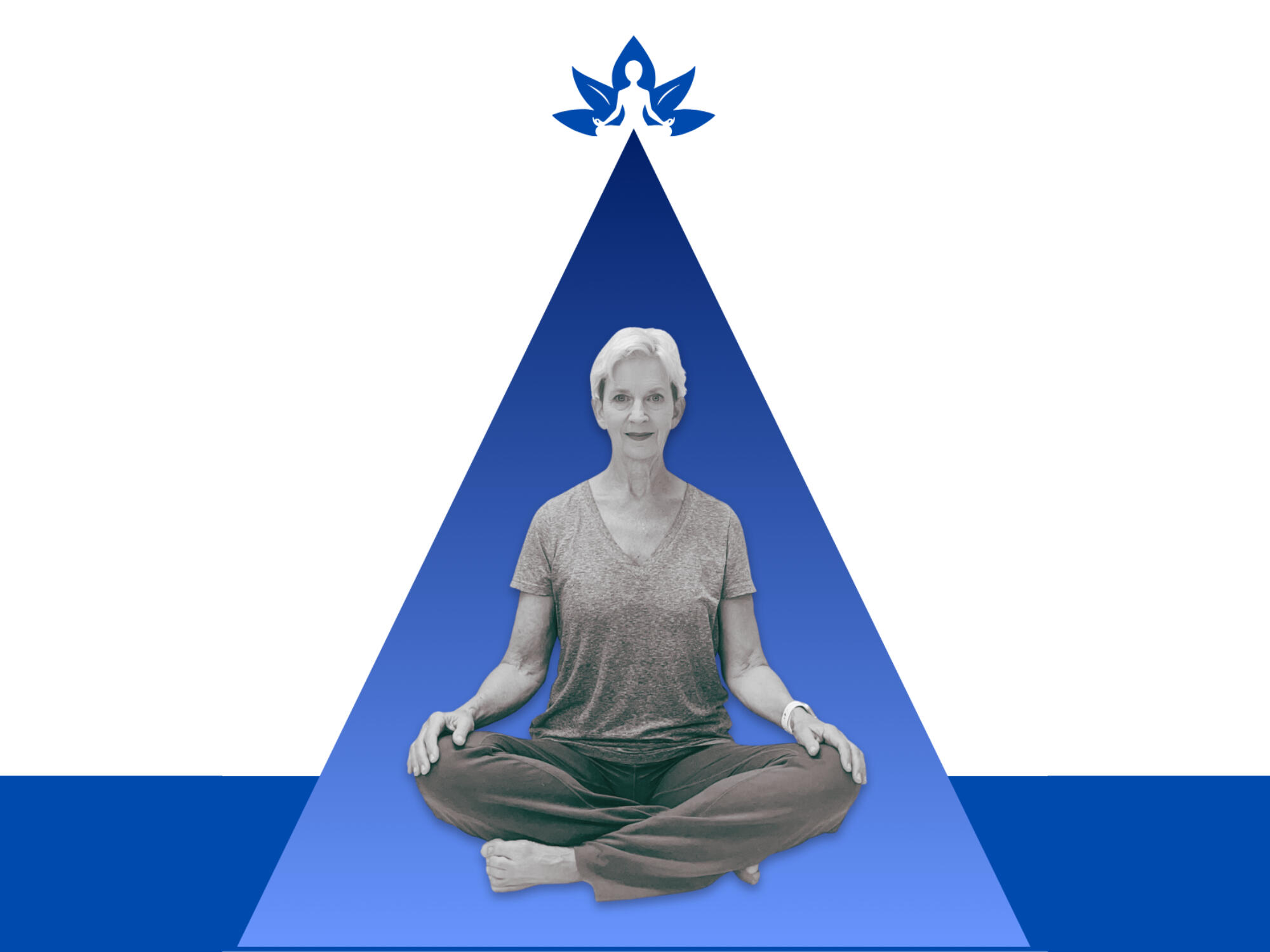 b&w photo of a roxanne darling sitting in lotus position, against a blue triangle with a lotus graphic above her heard
